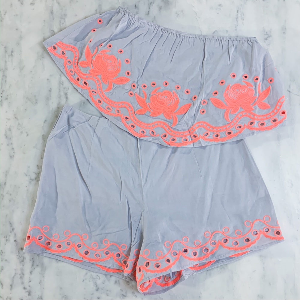 Grey and Coral Crop Top Shorts Set - Picture 2 of 8